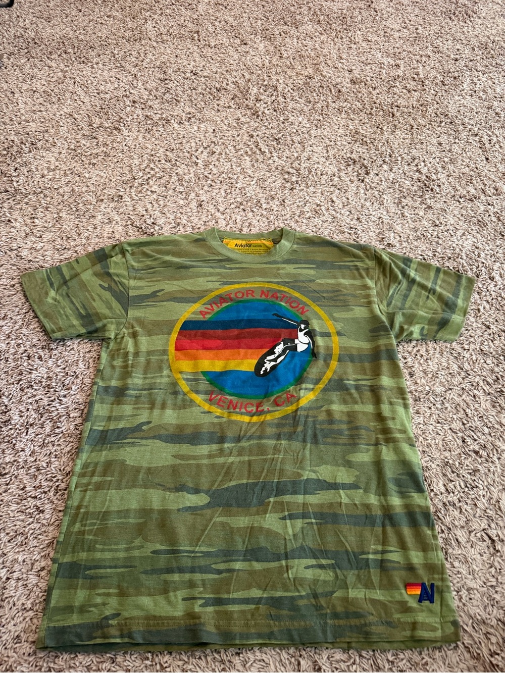 Aviator Nation Green Camo Short Sleeve Tee with Retro Stripe Logo